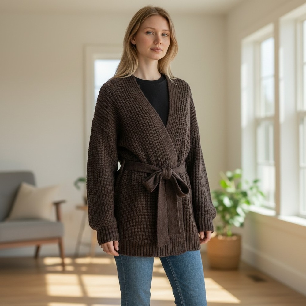 Gap Brown Ribbed Knit Belted Wrap Cardigan Sweater Medium Cotton Wool Blend